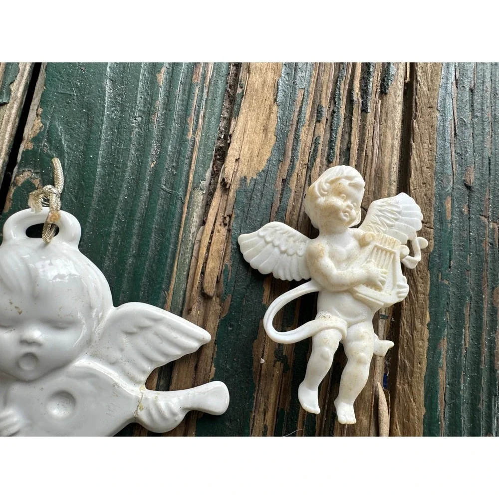 Vintage White Angel Cherub Ornaments Set of 2 Hong Kong Plastic Ceramic Angel